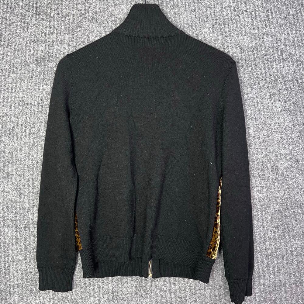 Ralph Lauren Quilted Velvet Leopard Black Wool Cardigan Sweater Jacket Size M - Picture 2 of 8